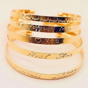 🔴5 piece Gold Cuff Bangle Bracelet Set W/ Engraved Sayings/Quotes